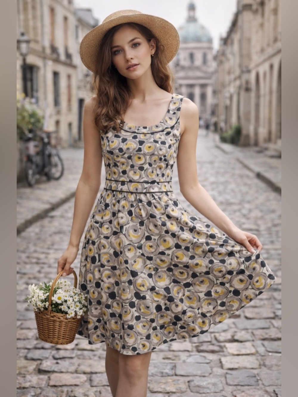 Boden Fit & Flare Dress 8P Petite Retro Floral Mod Yellow Gray Sleeveless Mod C
